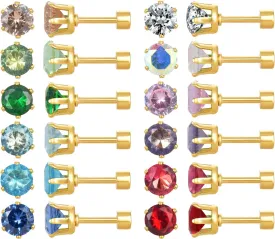 12 Pairs 18K Gold Plated Surgical Stainless Steel Stud Earrings, Flat Back Screw Back Cubic Zirconia Stud Earrings for Women, Silver CZ Brithstone Stud Earrings Set