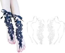 2 Pair Barefoot Sandals Bracelet with Toe Ring Bare Foot Jewelry Lace Floral Embroidery Beach Anklet for Beach Wedding Birthday Party Women Girl Bridal Gift Festival Photo Shoot Black and White