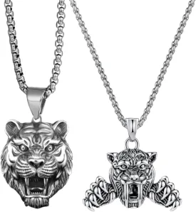 2Pack Set Unisex Stainless Steel Viking Tiger Pendant Necklace for Men Women,Titanium Steel Punk Animal Tiger Head Charm Jewelry Chain Necklace for Mens,24inch Chain