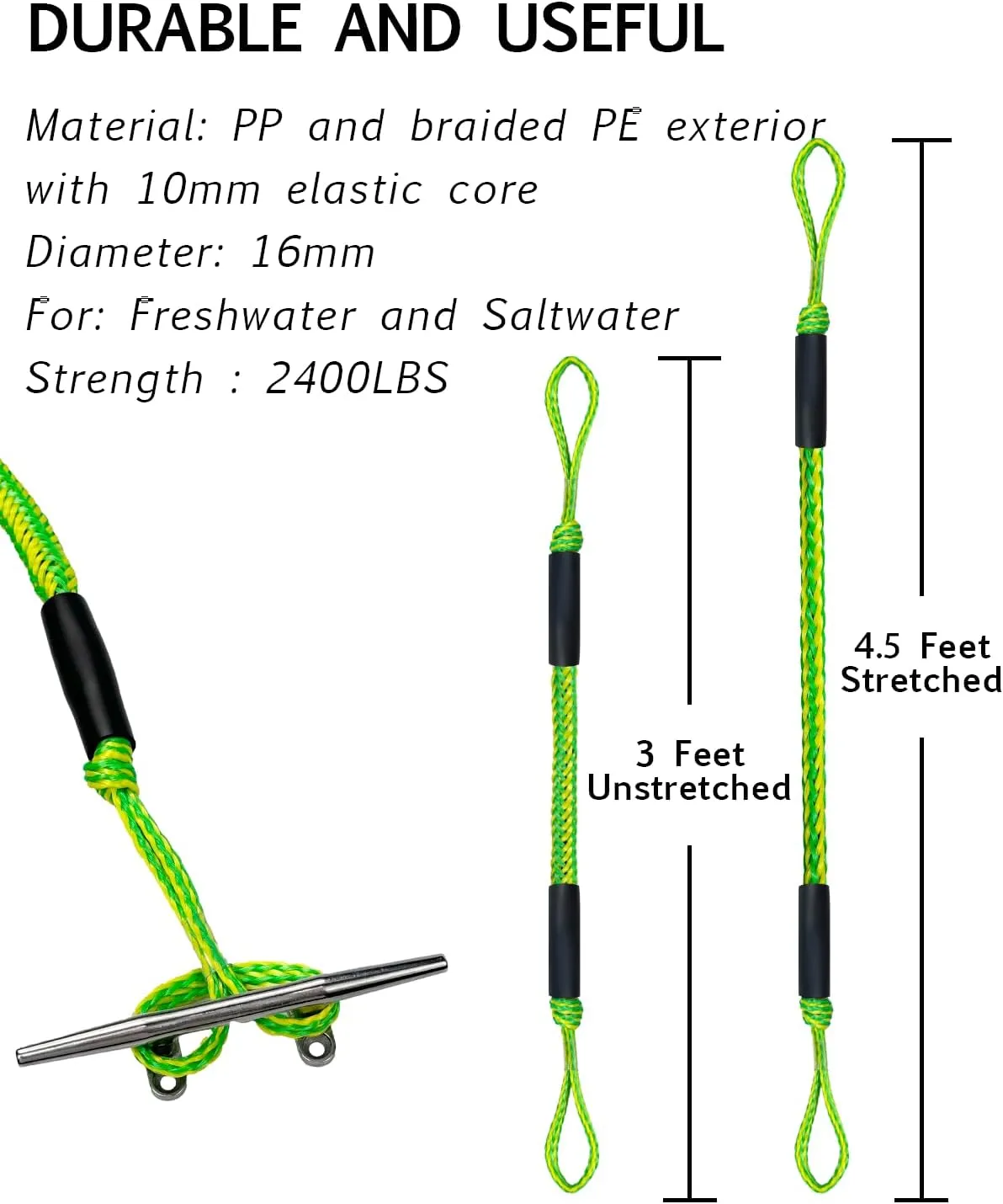 2PCS Dock Lines 3FT Premium Bungee Boat Lines Boat Accessories (Green Yellow, 3Feet)