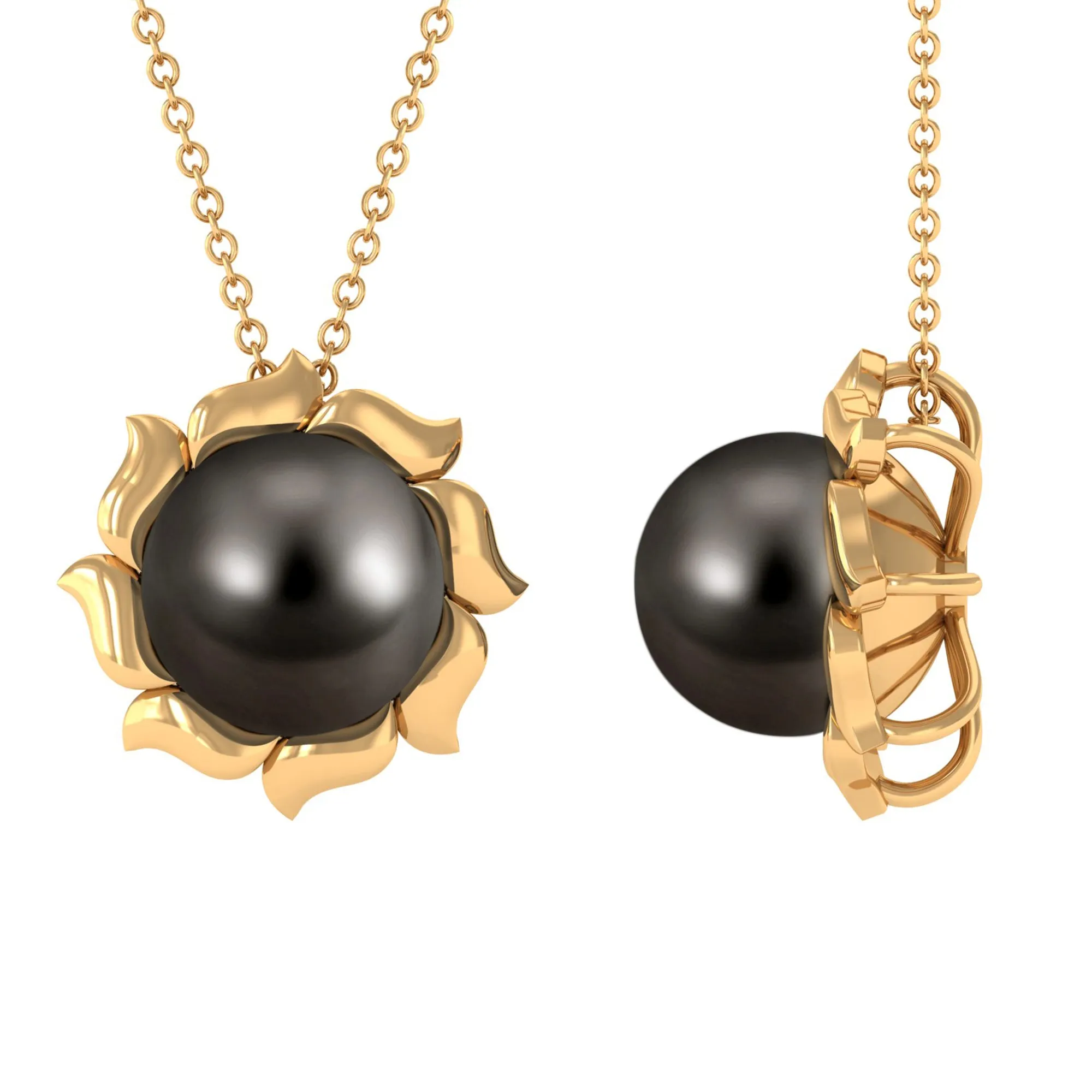 9 MM Black Pearl Solitaire Pendant Necklace with Floral Petals