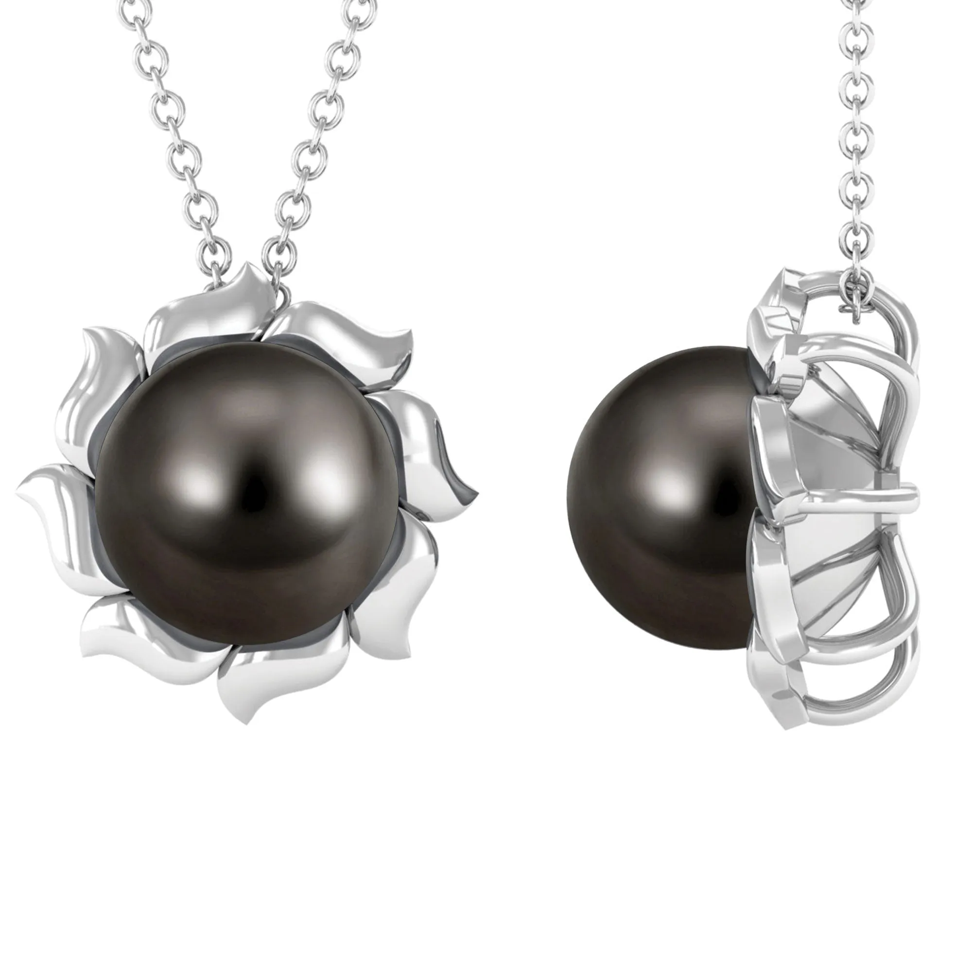 9 MM Black Pearl Solitaire Pendant Necklace with Floral Petals