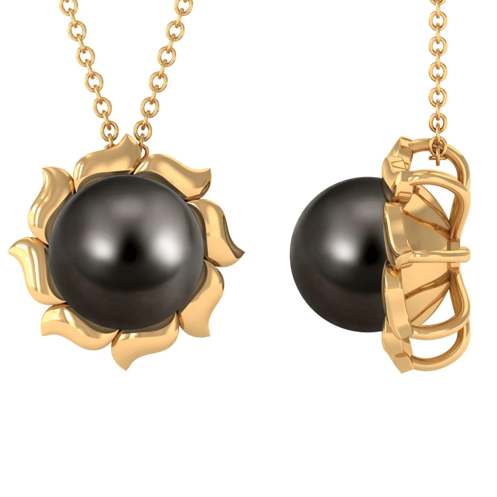 9 MM Black Pearl Solitaire Pendant Necklace with Floral Petals