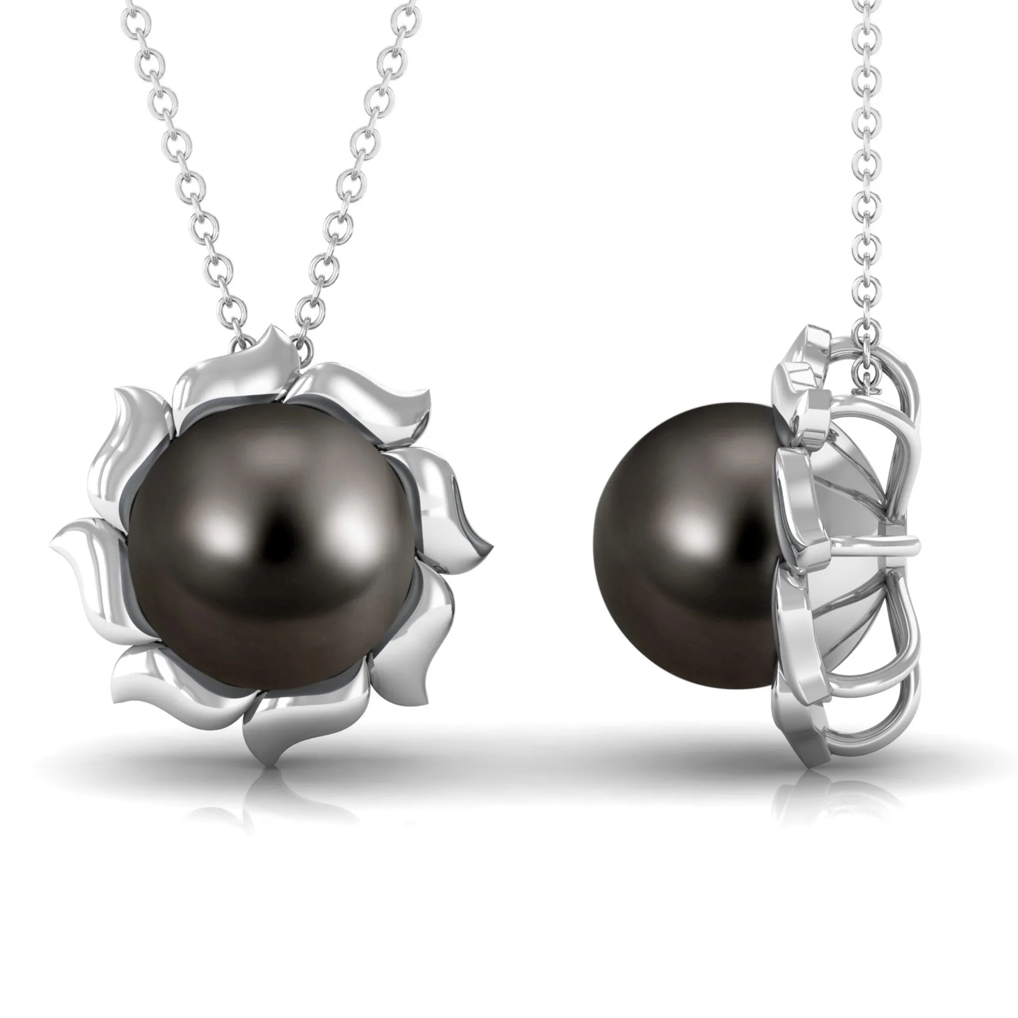 9 MM Black Pearl Solitaire Pendant Necklace with Floral Petals