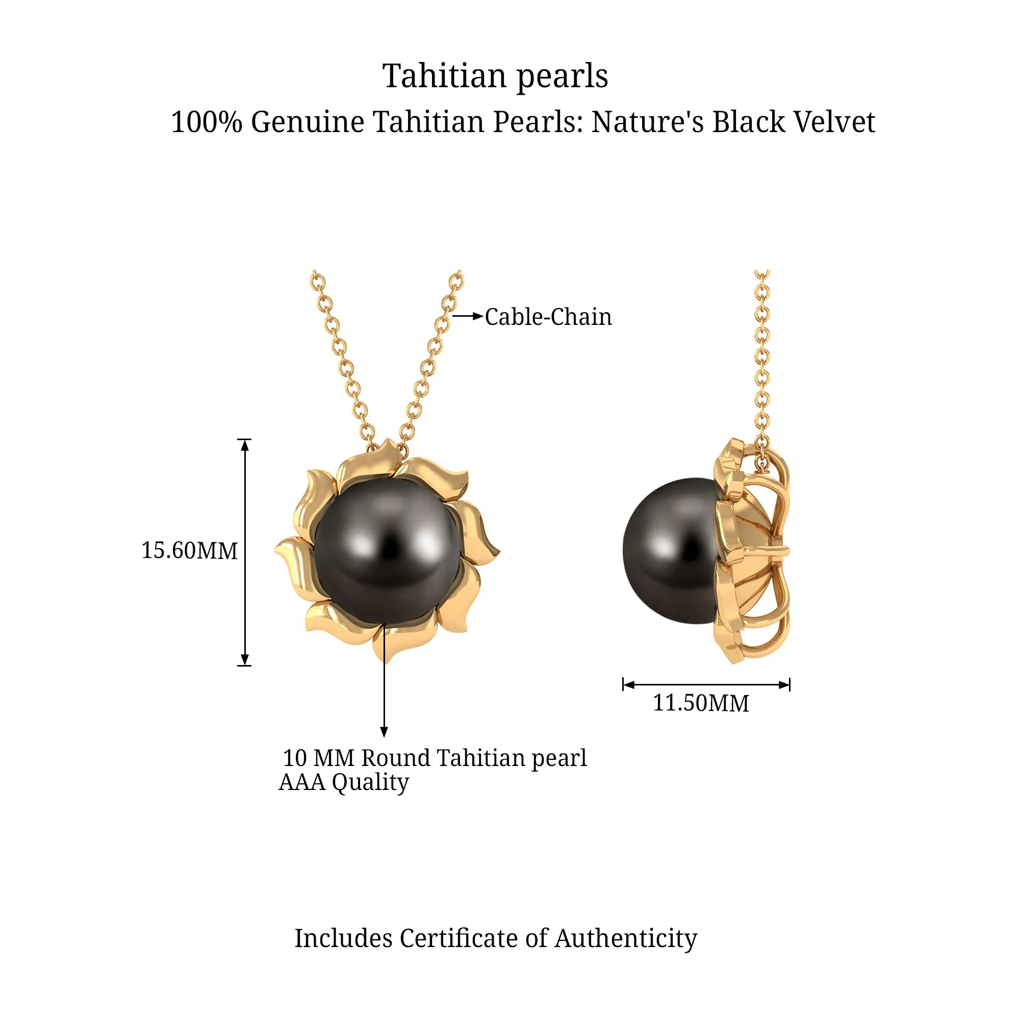 9 MM Black Pearl Solitaire Pendant Necklace with Floral Petals