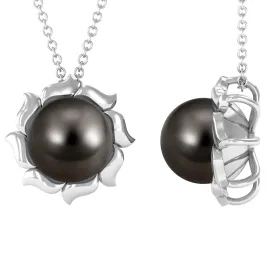 9 MM Black Pearl Solitaire Pendant Necklace with Floral Petals