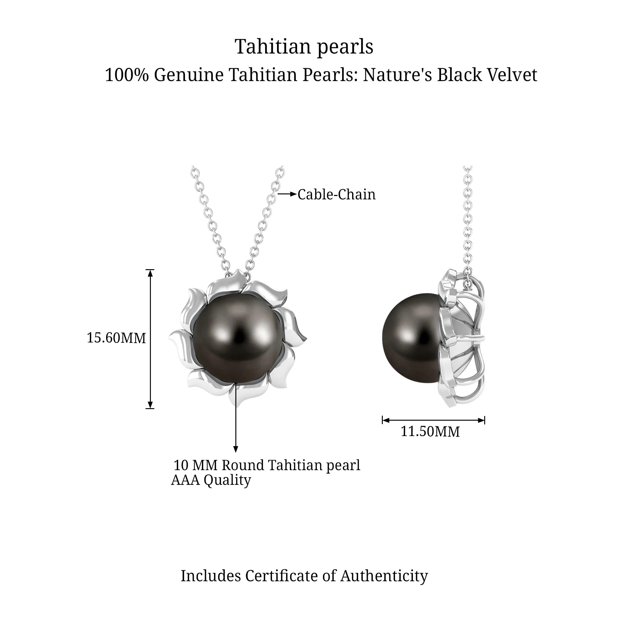 9 MM Black Pearl Solitaire Pendant Necklace with Floral Petals
