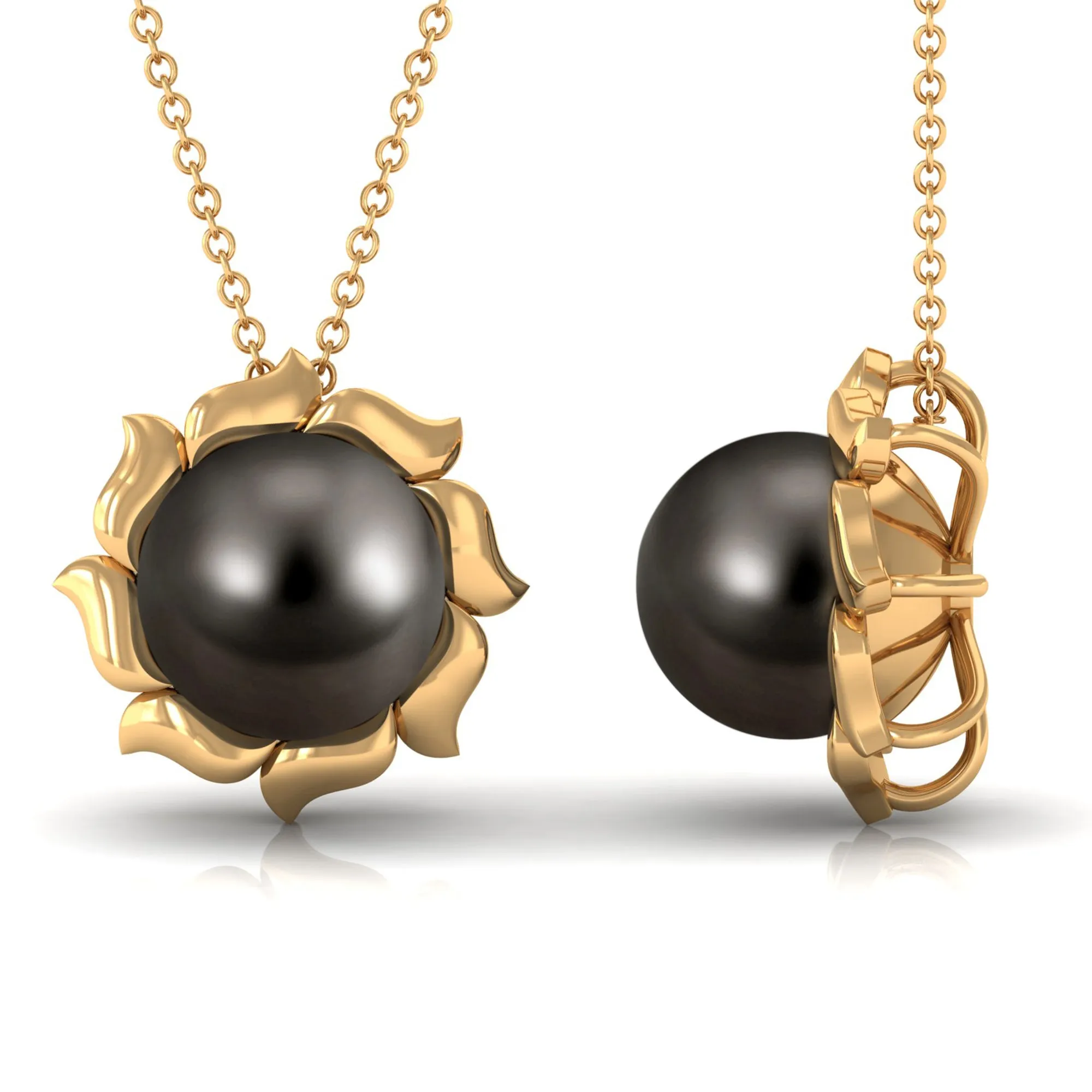 9 MM Black Pearl Solitaire Pendant Necklace with Floral Petals