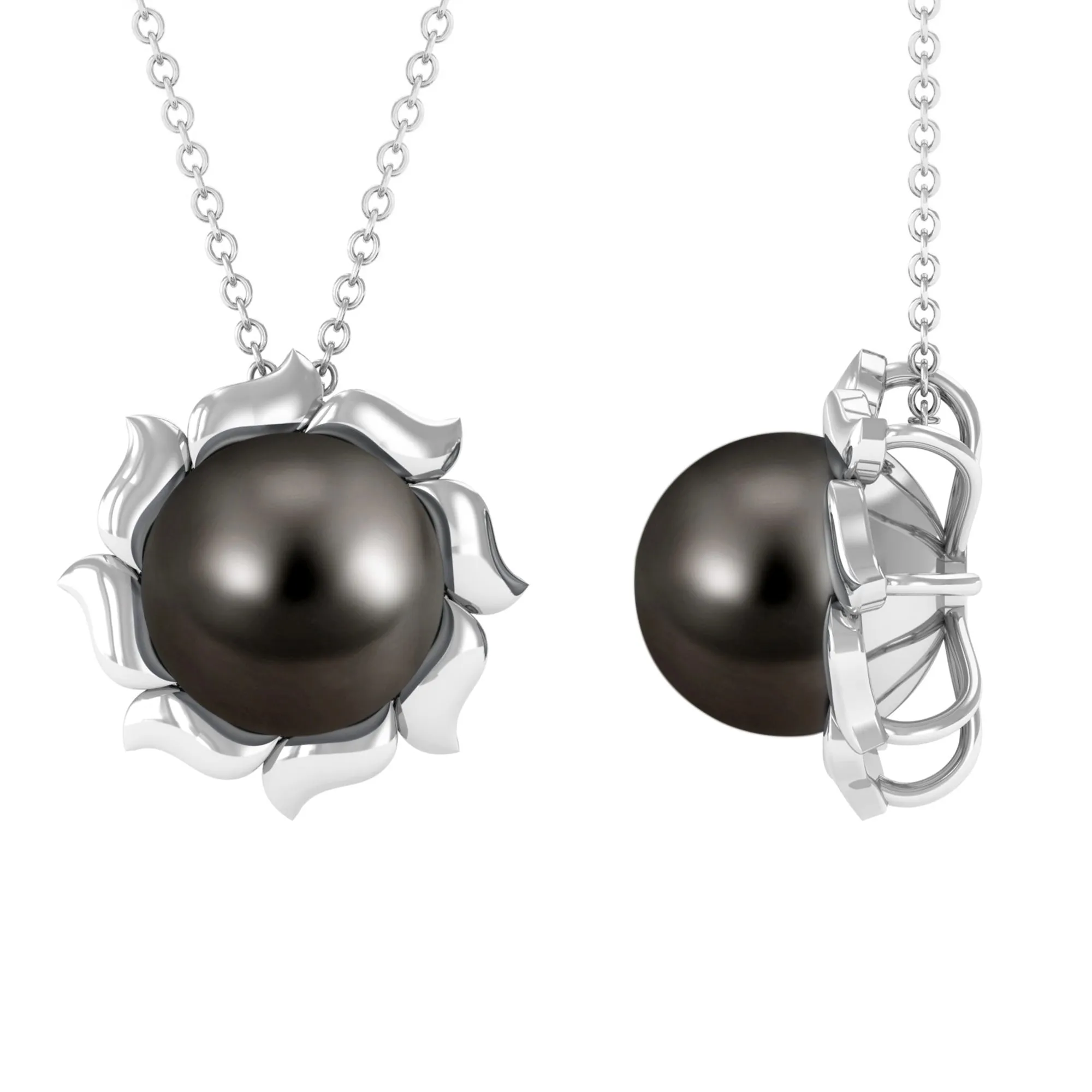 9 MM Black Pearl Solitaire Pendant Necklace with Floral Petals