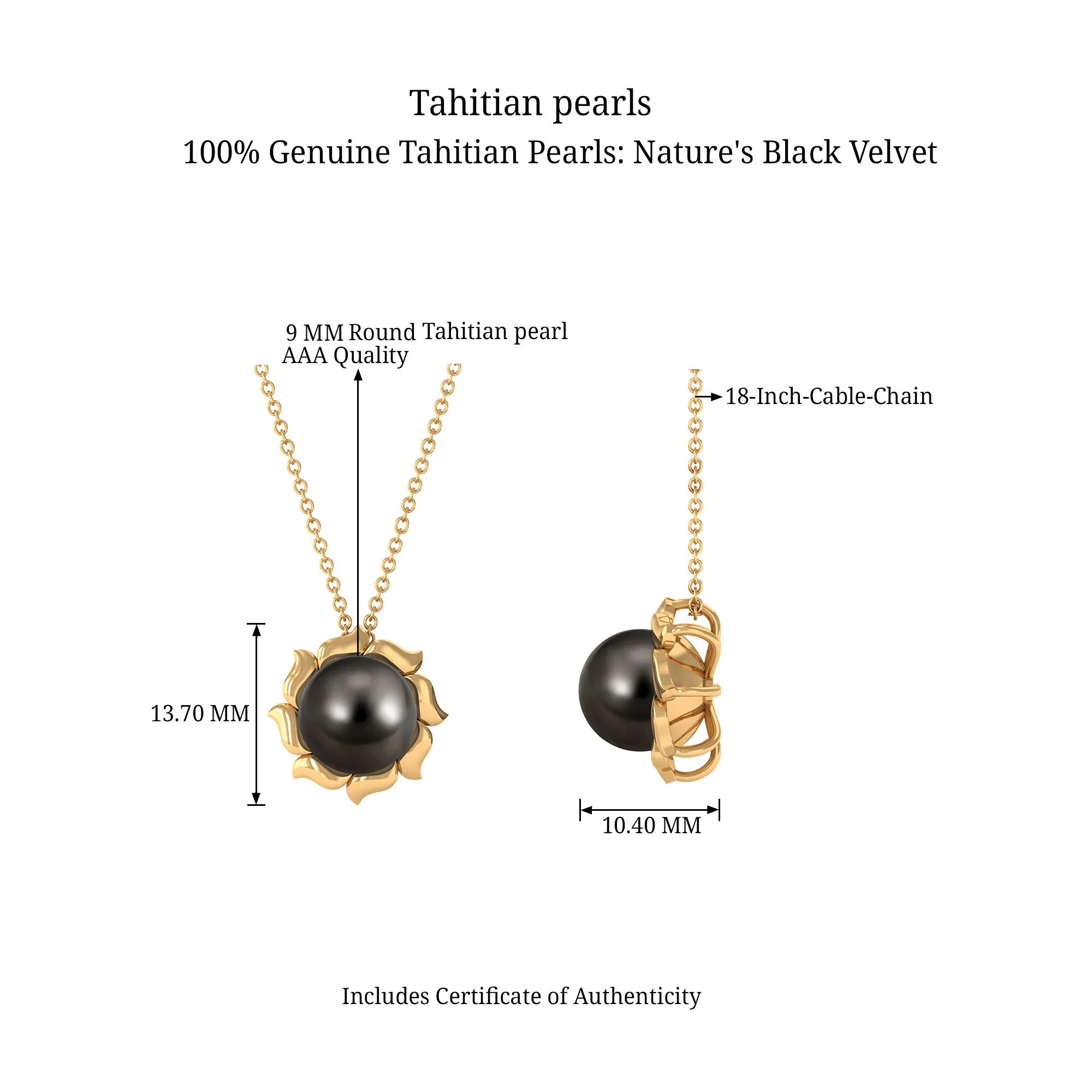 9 MM Black Pearl Solitaire Pendant Necklace with Floral Petals