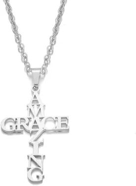 Amazing Grace Cross Pendant Necklace Easter Gift Stainless Steel Letter Necklace Pendant Neck Decoration Gift with Pattern of Amazing Grace Birthday Gift Grace Jewelry