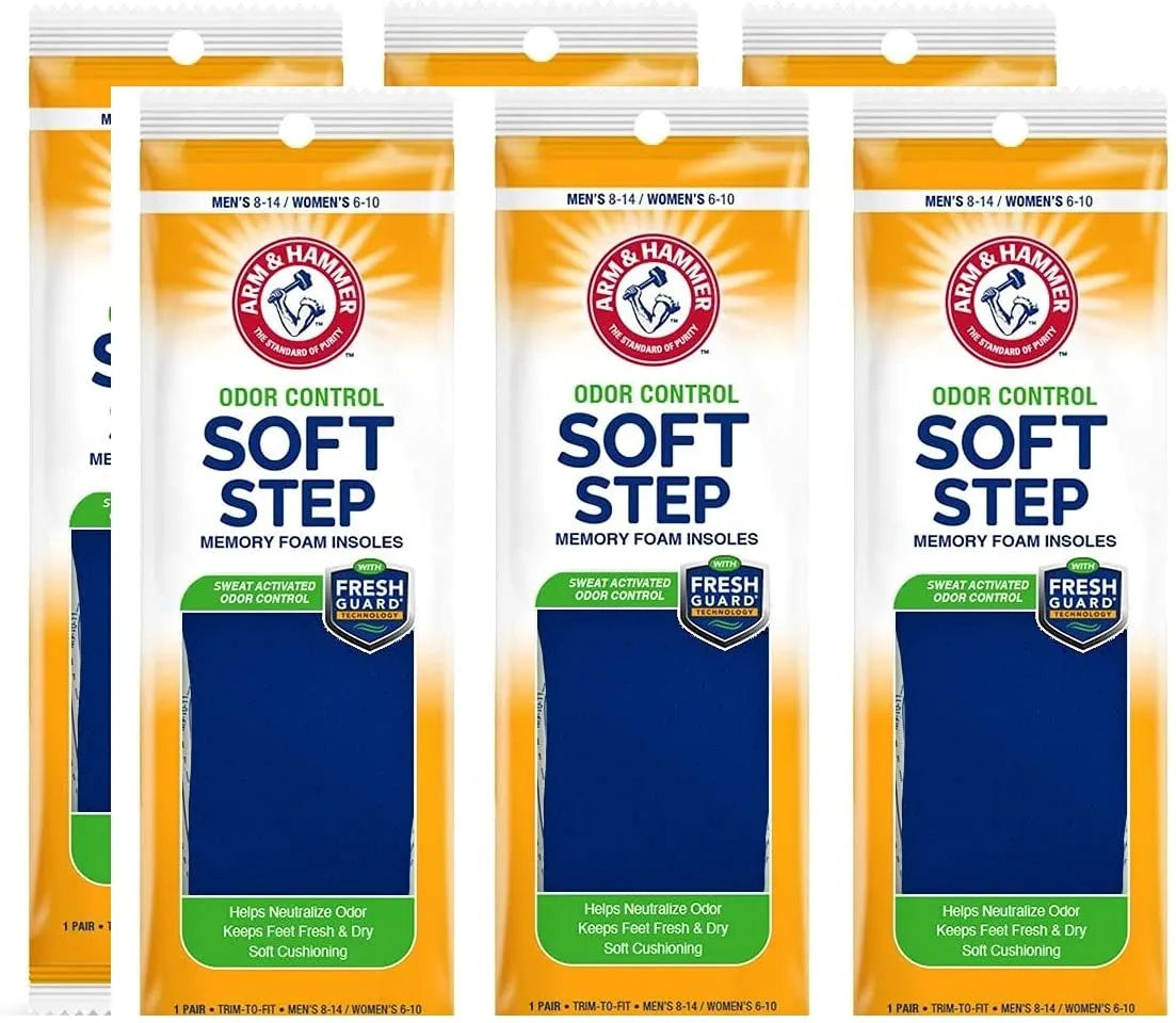 Arm & Hammer Odor Control Soft Step Insoles, Memory Foam Insoles for Men, Memory Foam Insoles for Women, Best Insoles for Standing All Day, Foot Inserts, Shoe Inserts Men and Women -6 Pairs 6 pair