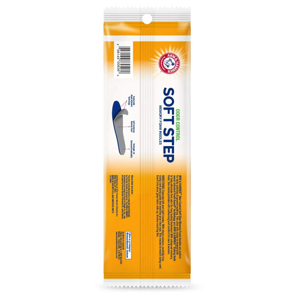 Arm & Hammer Odor Control Soft Step Insoles, Memory Foam Insoles for Men, Memory Foam Insoles for Women, Best Insoles for Standing All Day, Foot Inserts, Shoe Inserts Men and Women -6 Pairs 6 pair