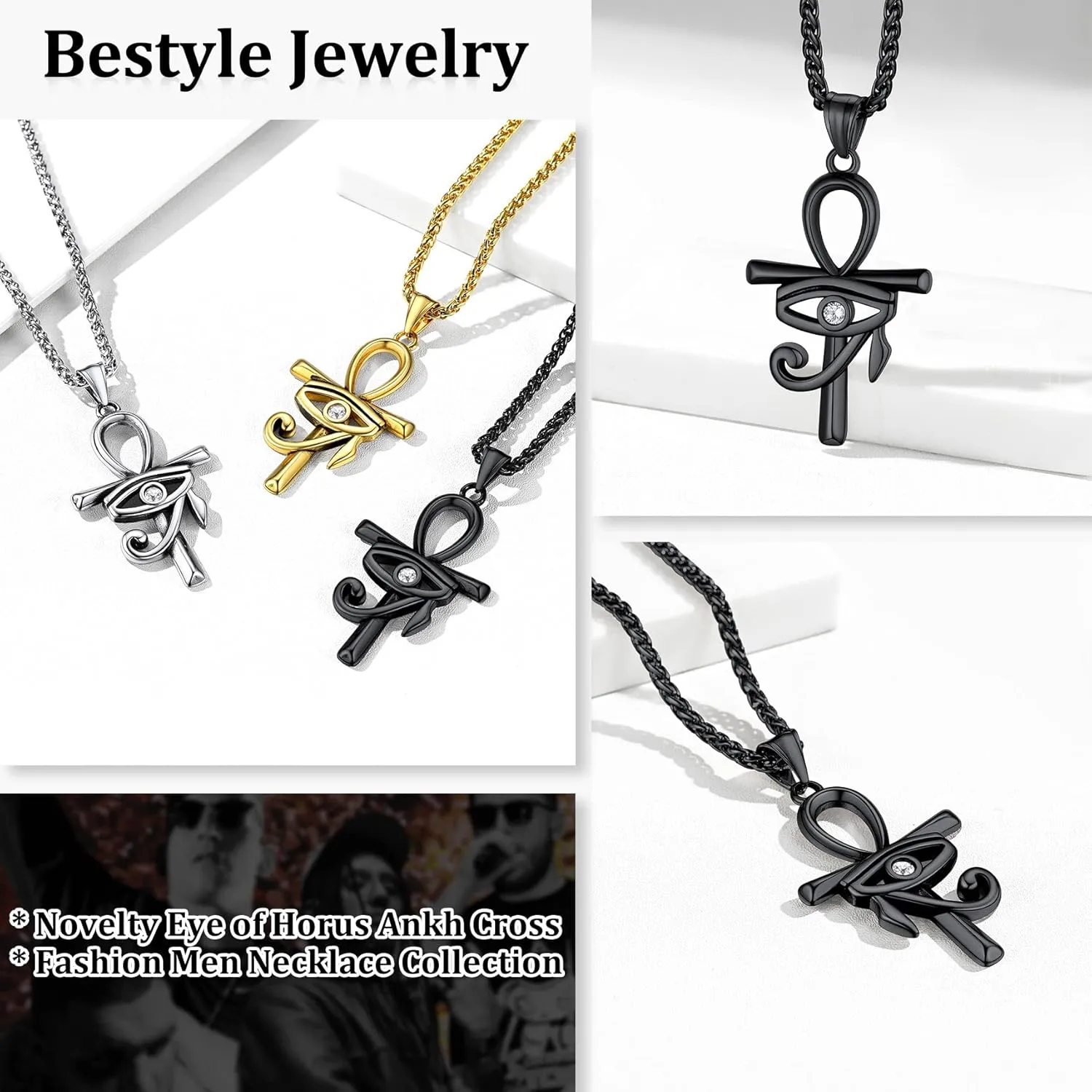 Bestyle Vintage Eye of Horus Ankh Cross Pendant Necklace for Women Men, Solid Stainless Steel Lucky Amulet Chain Necklace Ancient Egyptian of Protection Jewelry