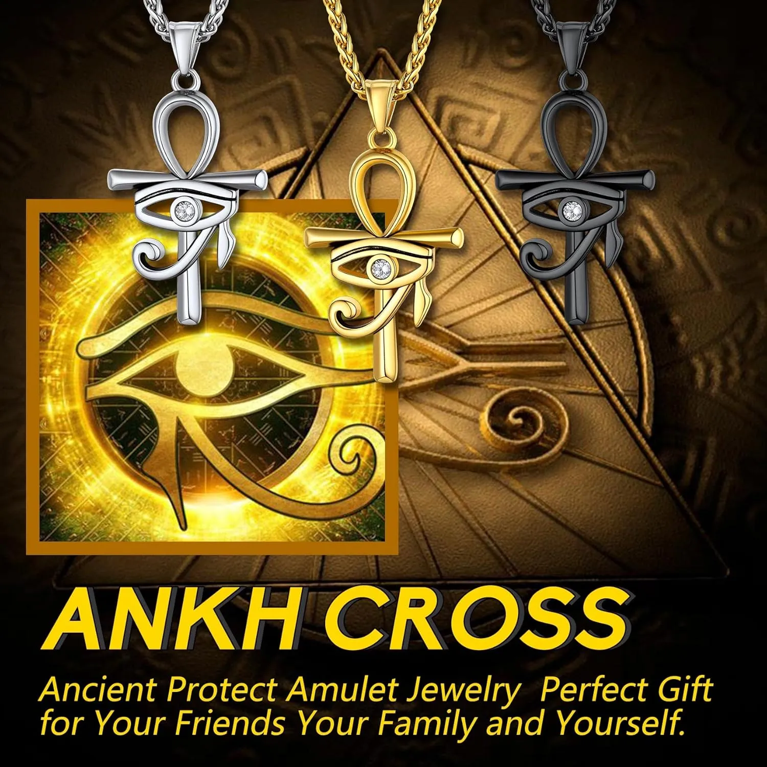 Bestyle Vintage Eye of Horus Ankh Cross Pendant Necklace for Women Men, Solid Stainless Steel Lucky Amulet Chain Necklace Ancient Egyptian of Protection Jewelry