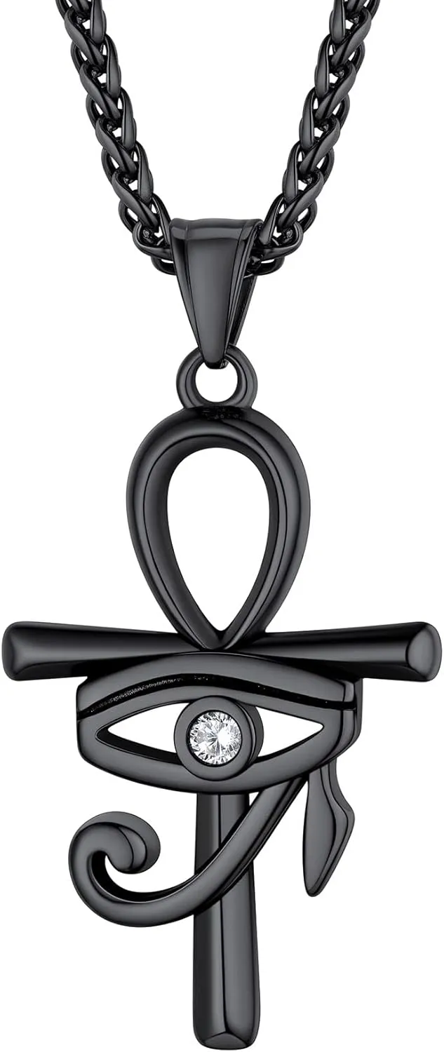 Bestyle Vintage Eye of Horus Ankh Cross Pendant Necklace for Women Men, Solid Stainless Steel Lucky Amulet Chain Necklace Ancient Egyptian of Protection Jewelry