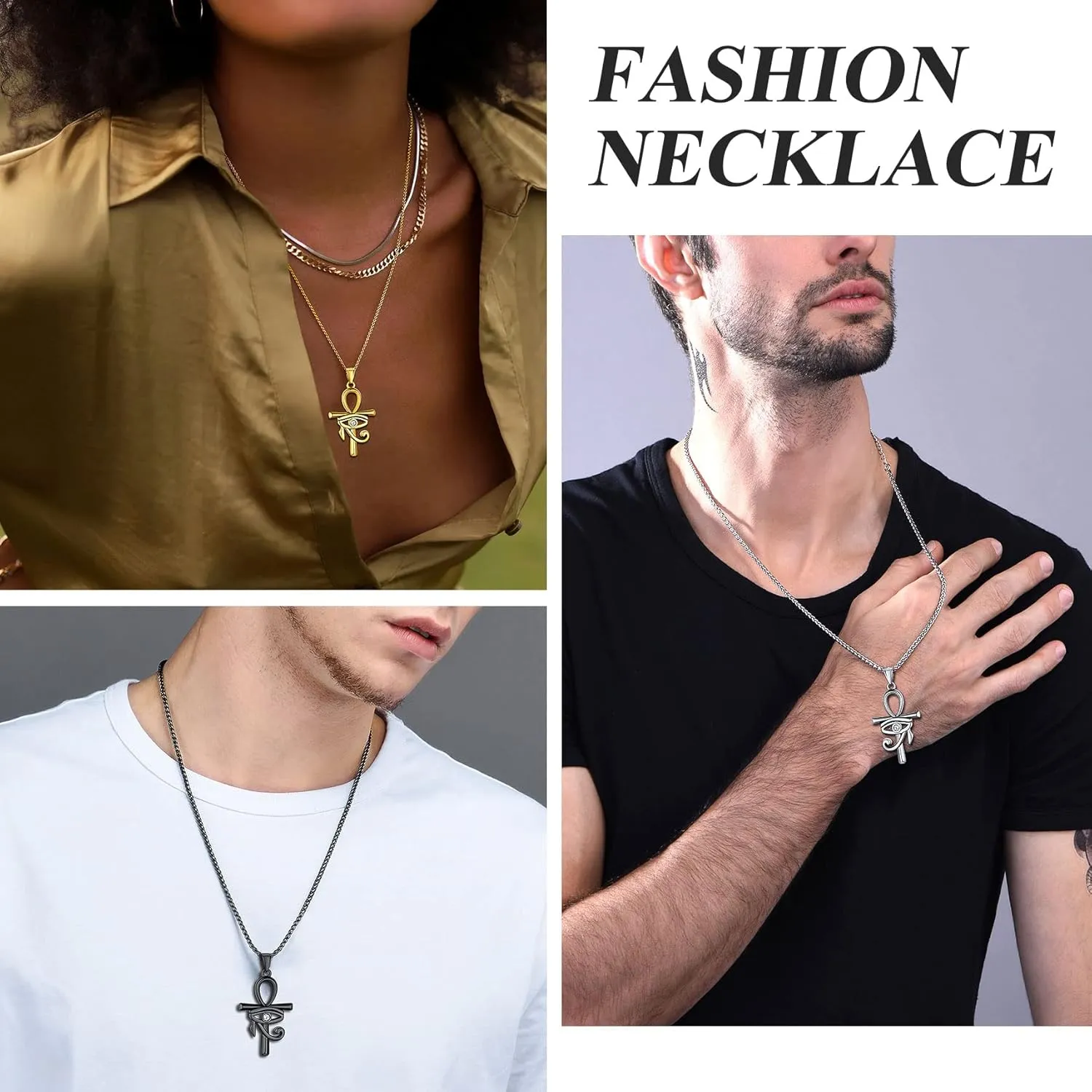 Bestyle Vintage Eye of Horus Ankh Cross Pendant Necklace for Women Men, Solid Stainless Steel Lucky Amulet Chain Necklace Ancient Egyptian of Protection Jewelry