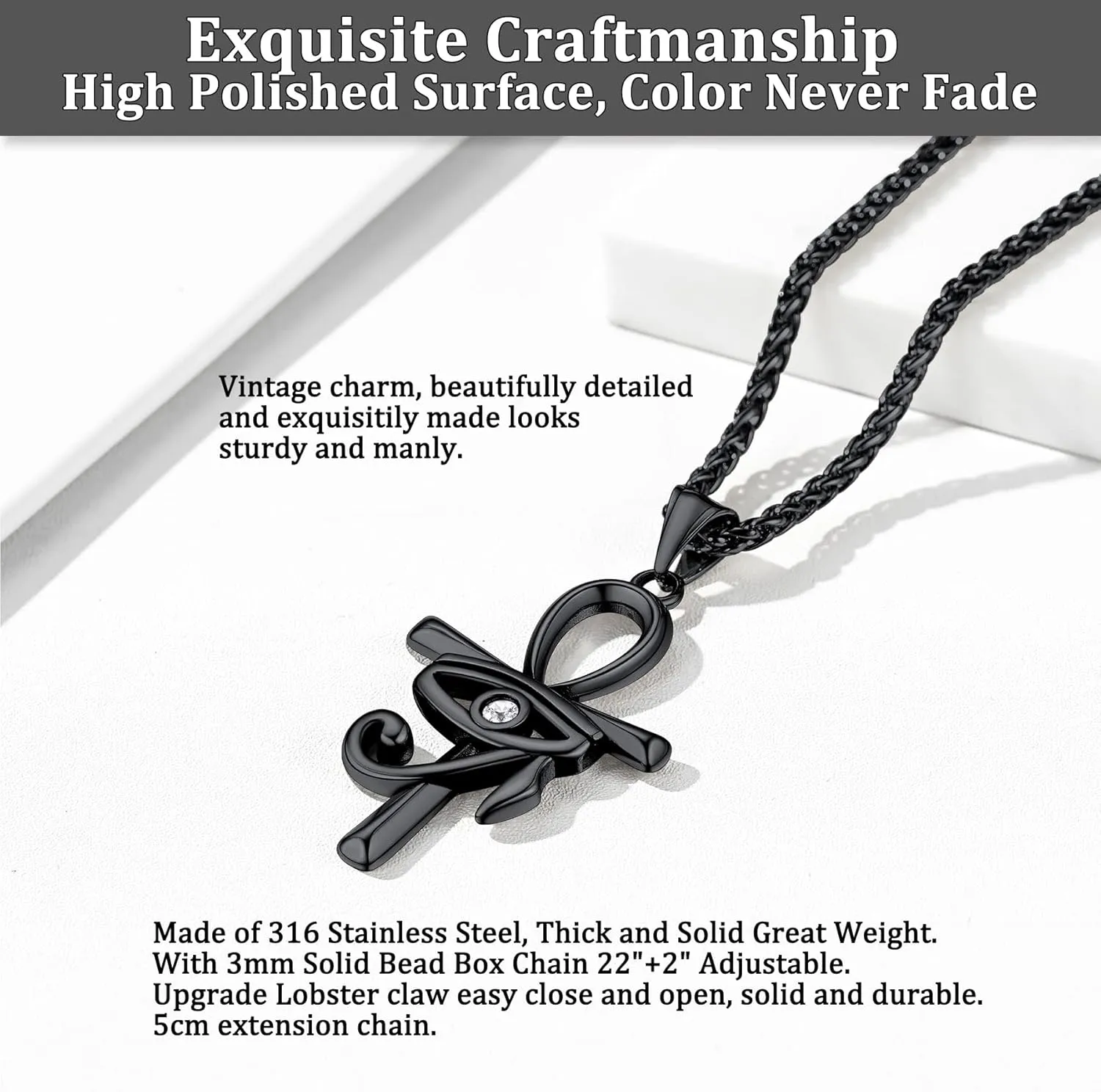 Bestyle Vintage Eye of Horus Ankh Cross Pendant Necklace for Women Men, Solid Stainless Steel Lucky Amulet Chain Necklace Ancient Egyptian of Protection Jewelry