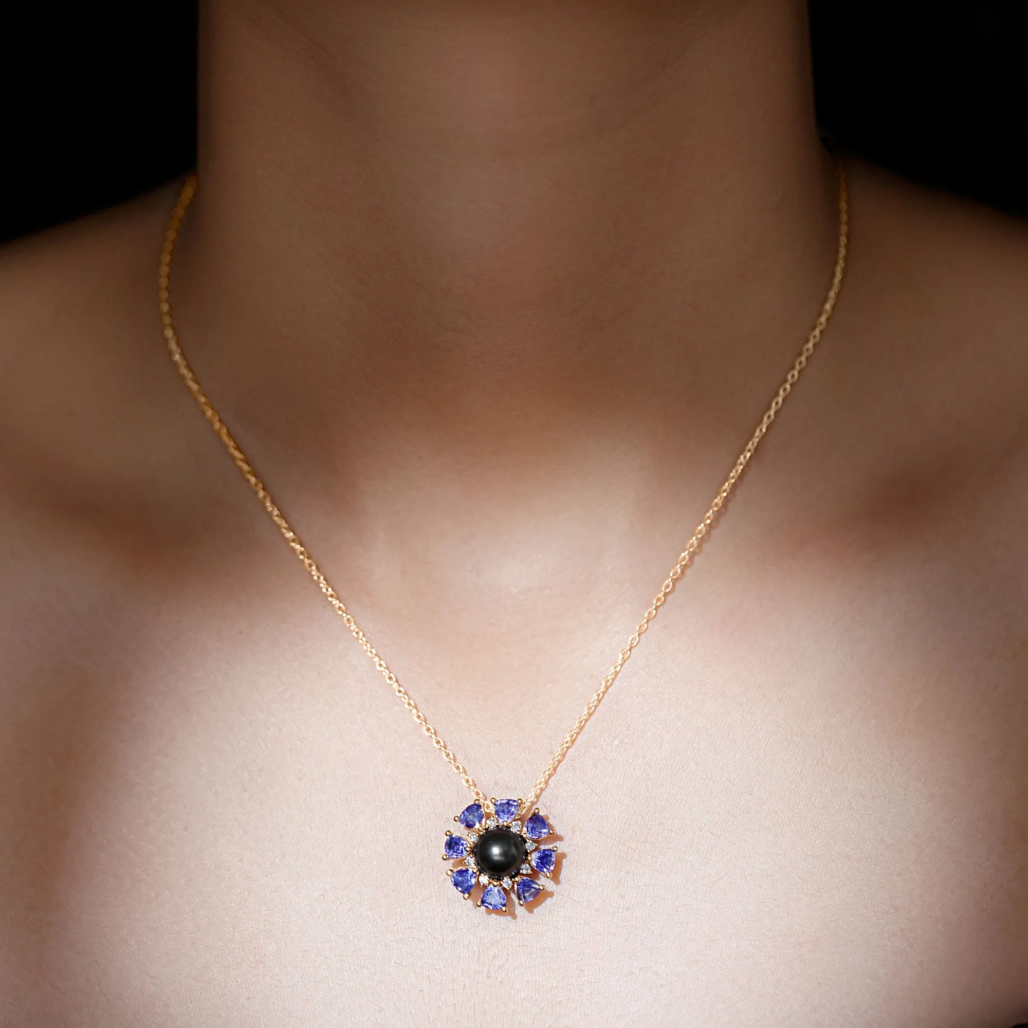 Black Pearl Floral Pendant Necklace with Tanzanite