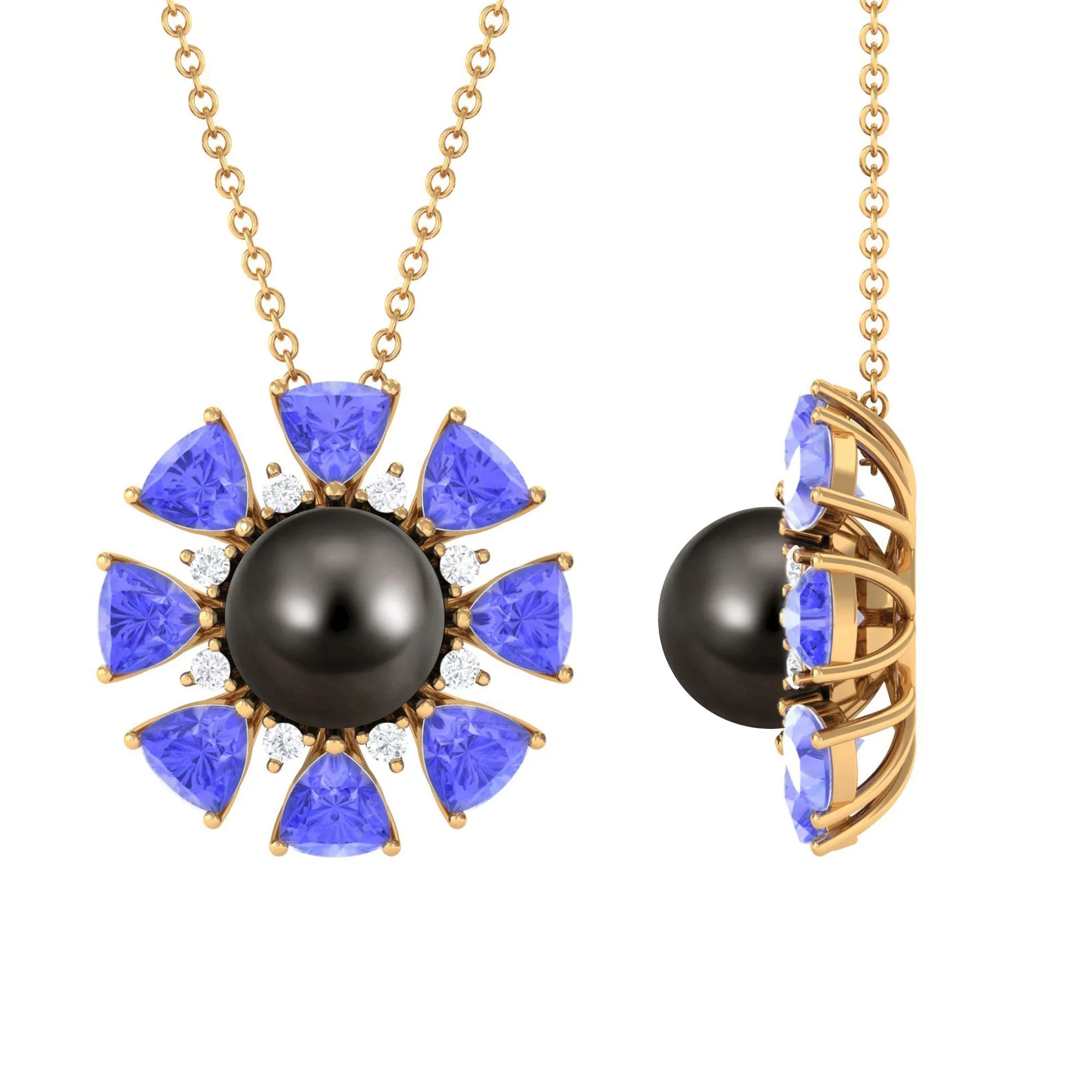 Black Pearl Floral Pendant Necklace with Tanzanite