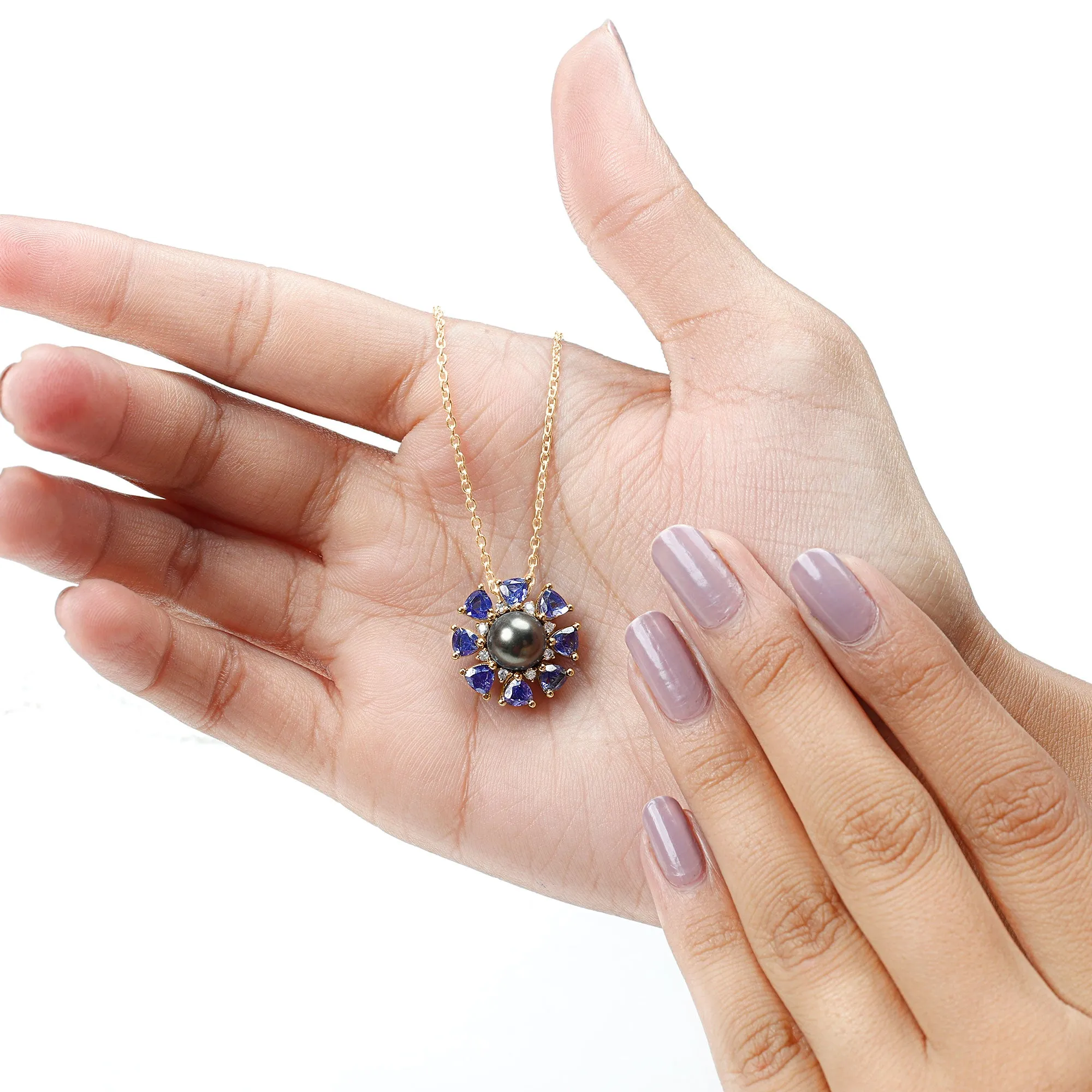 Black Pearl Floral Pendant Necklace with Tanzanite