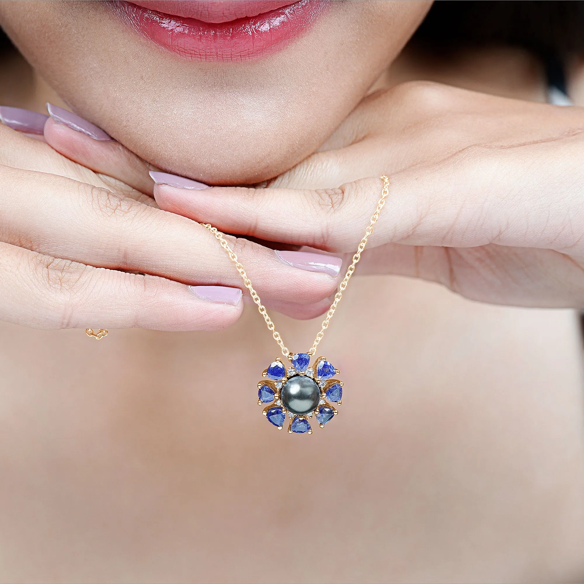 Black Pearl Floral Pendant Necklace with Tanzanite
