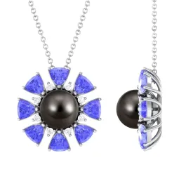 Black Pearl Floral Pendant Necklace with Tanzanite