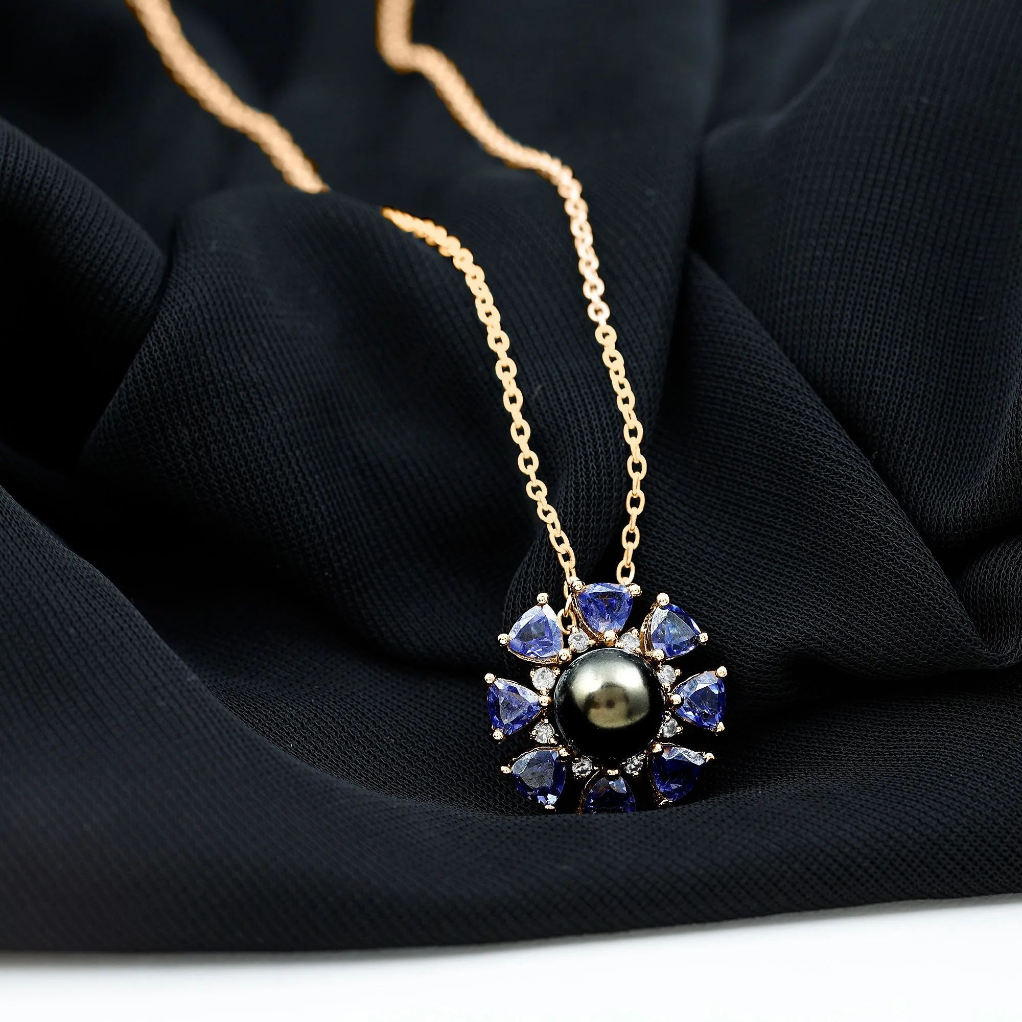 Black Pearl Floral Pendant Necklace with Tanzanite