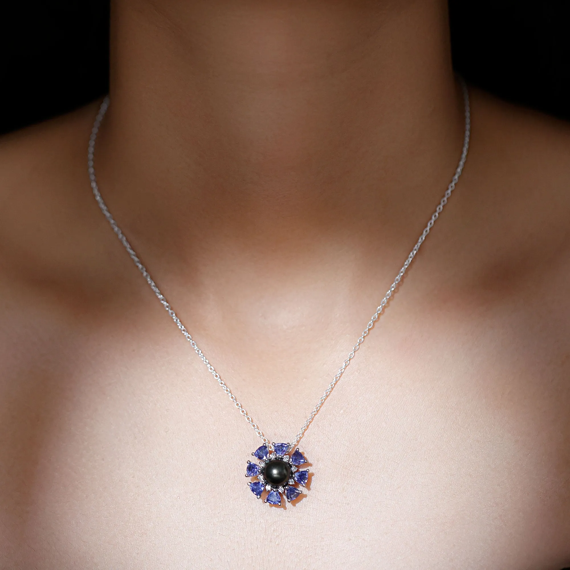 Black Pearl Floral Pendant Necklace with Tanzanite