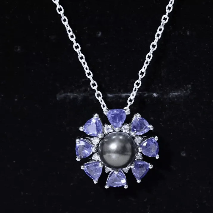 Black Pearl Floral Pendant Necklace with Tanzanite