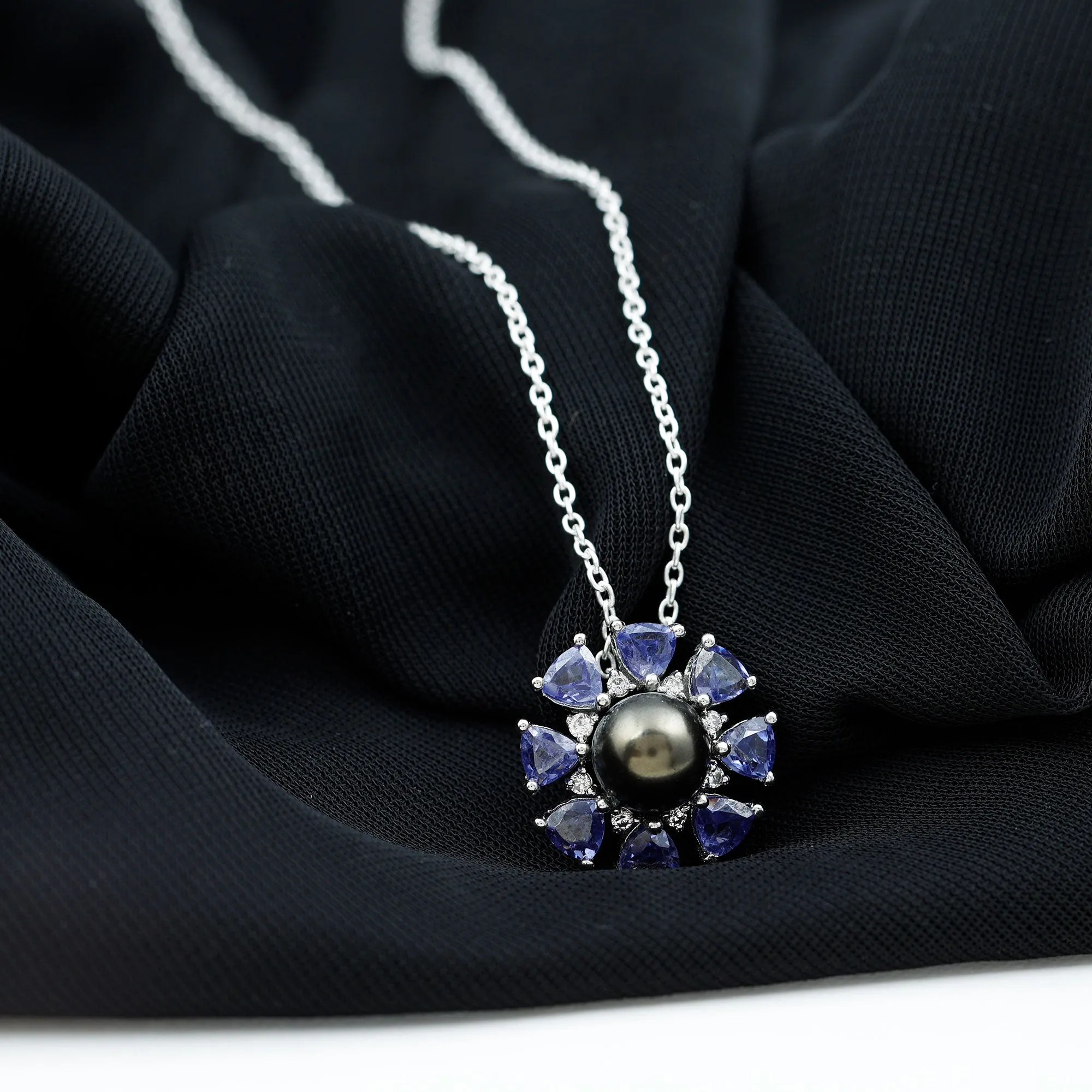Black Pearl Floral Pendant Necklace with Tanzanite