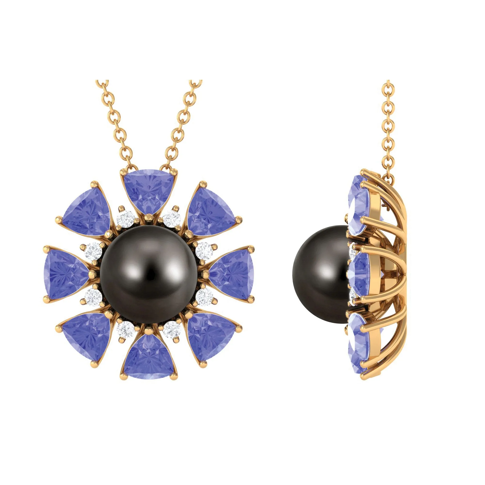 Black Pearl Floral Pendant Necklace with Tanzanite