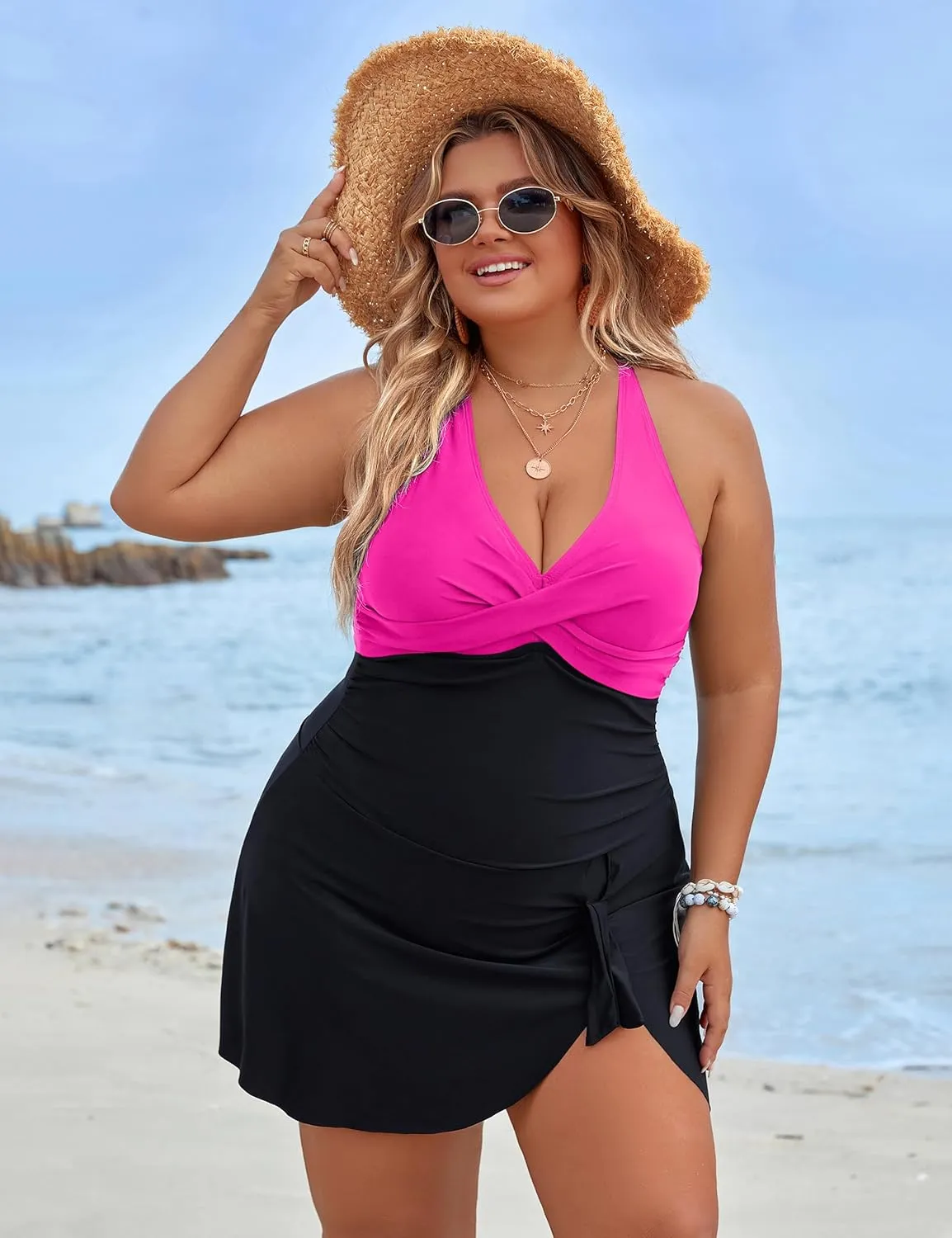 Blooming Jelly Women Plus Size Swim Dress Swimsuit One Piece Tummy Control Bathing Suits Modest Criss Cross Swim Suits