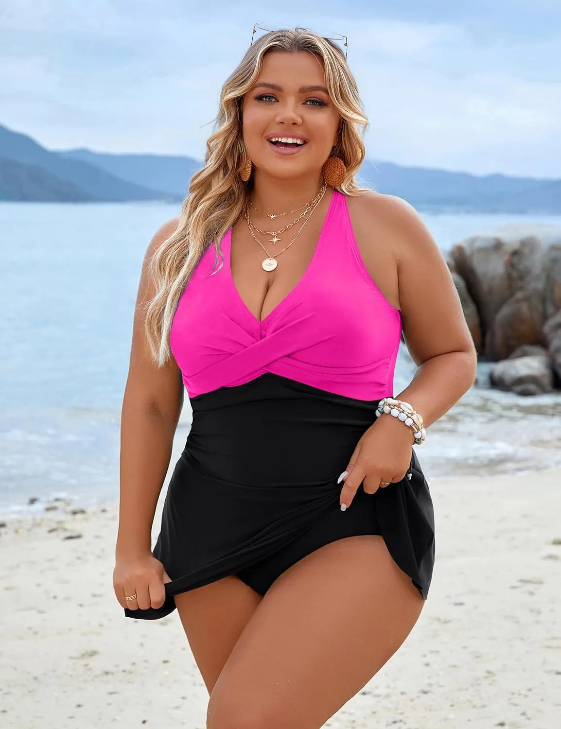 Blooming Jelly Women Plus Size Swim Dress Swimsuit One Piece Tummy Control Bathing Suits Modest Criss Cross Swim Suits