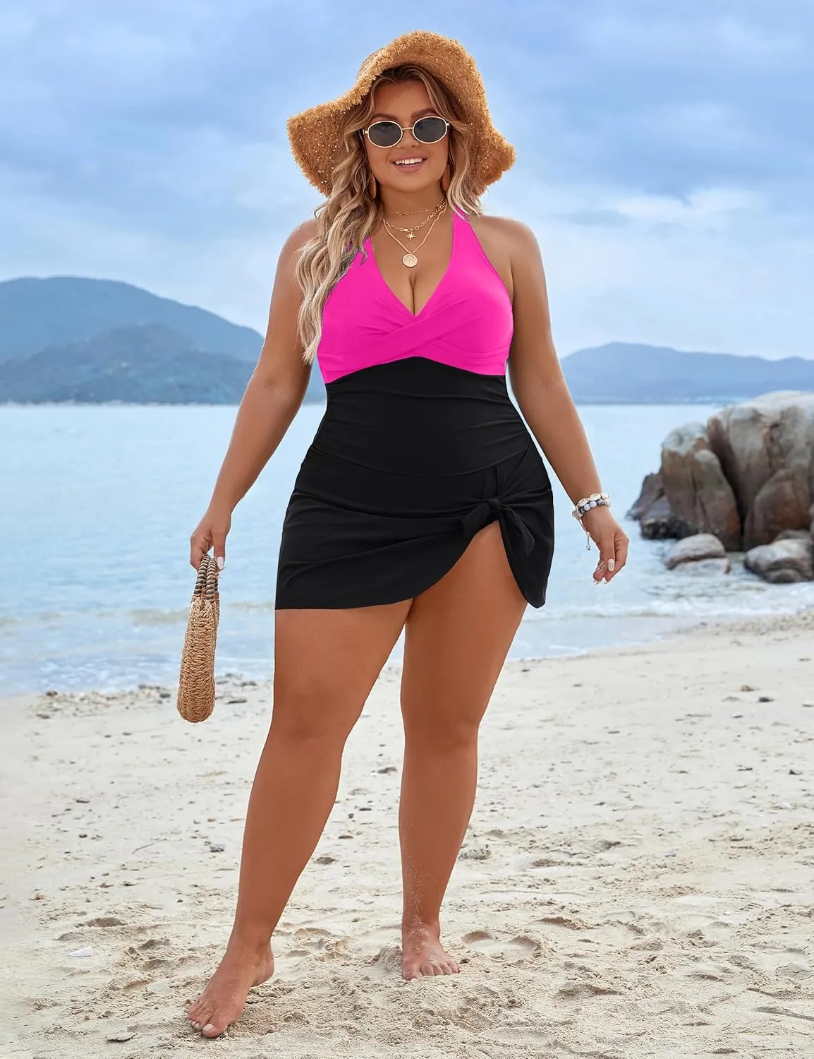 Blooming Jelly Women Plus Size Swim Dress Swimsuit One Piece Tummy Control Bathing Suits Modest Criss Cross Swim Suits