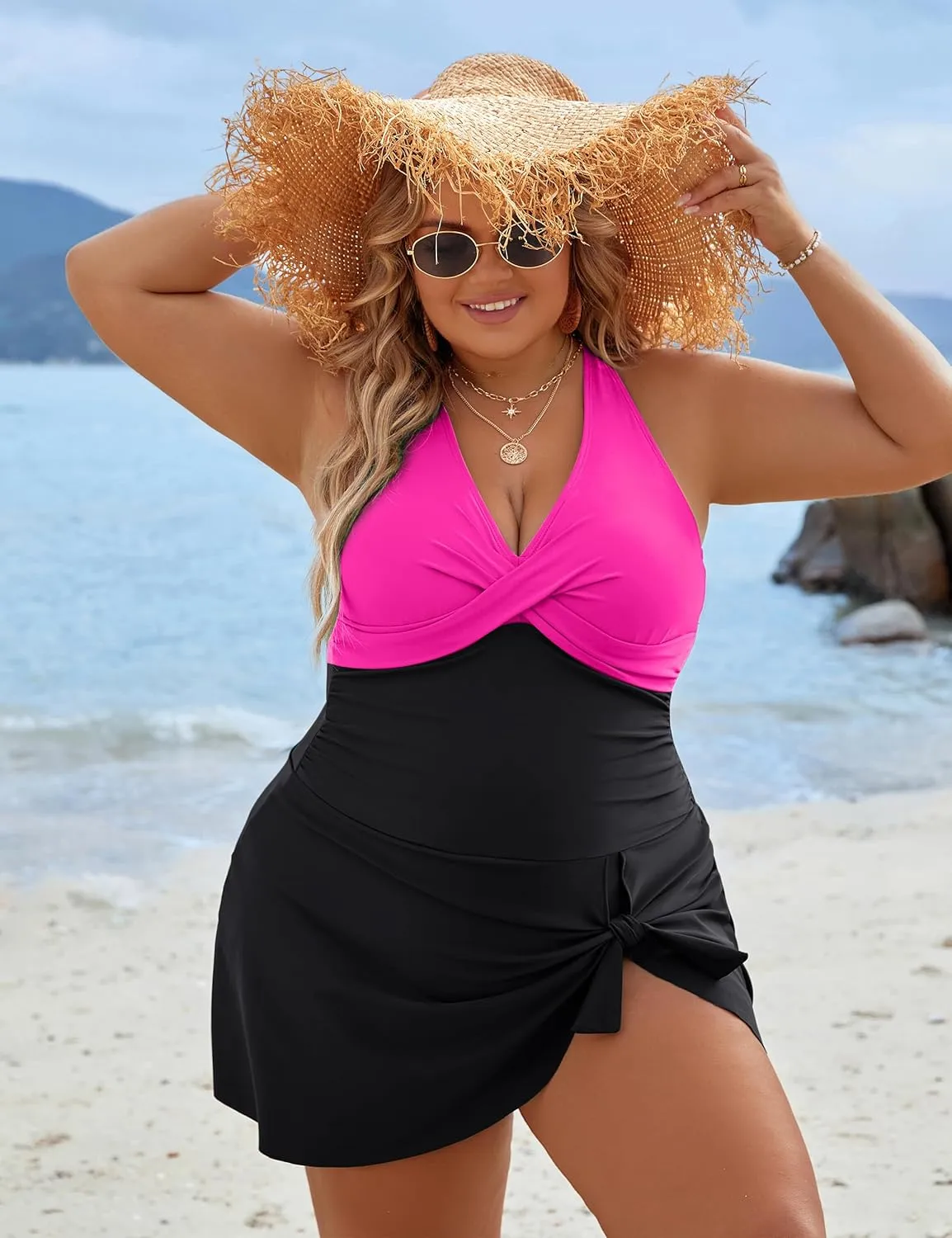 Blooming Jelly Women Plus Size Swim Dress Swimsuit One Piece Tummy Control Bathing Suits Modest Criss Cross Swim Suits