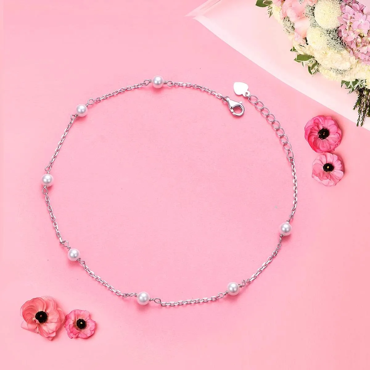 DAOCHONG Anklet for Women S925 Sterling Silver Adjustable Foot Heart Lotus Infinity Moon Srars Flower Pearl Multilayer Layered Ankle Bracelet Beach Jewelry