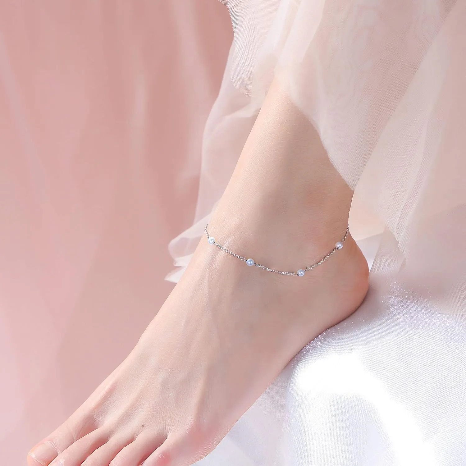 DAOCHONG Anklet for Women S925 Sterling Silver Adjustable Foot Heart Lotus Infinity Moon Srars Flower Pearl Multilayer Layered Ankle Bracelet Beach Jewelry