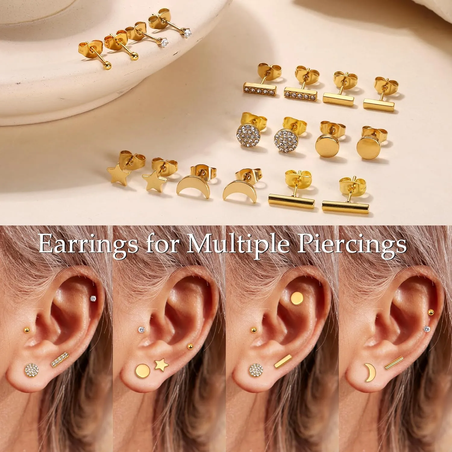 FIBO STEEL 9 Pairs Stainless Steel Stud Earrings for Women Star Moon Bar CZ Earring Stud Sets Cute Hypoallergenic Small Stud Earring