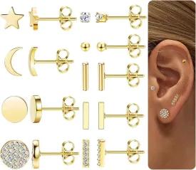 FIBO STEEL 9 Pairs Stainless Steel Stud Earrings for Women Star Moon Bar CZ Earring Stud Sets Cute Hypoallergenic Small Stud Earring