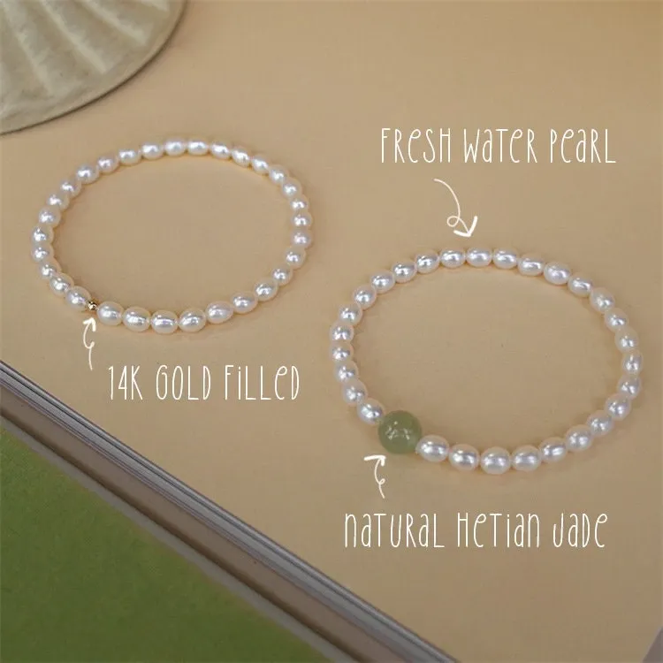 Fresh Water Pearl Stretch Bracelet with Natural Hetian Jade