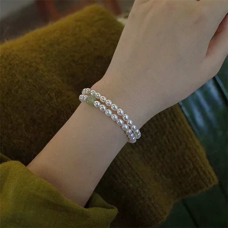 Fresh Water Pearl Stretch Bracelet with Natural Hetian Jade