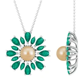 Golden South Sea Pearl Cocktail Pendant Necklace with Emerald
