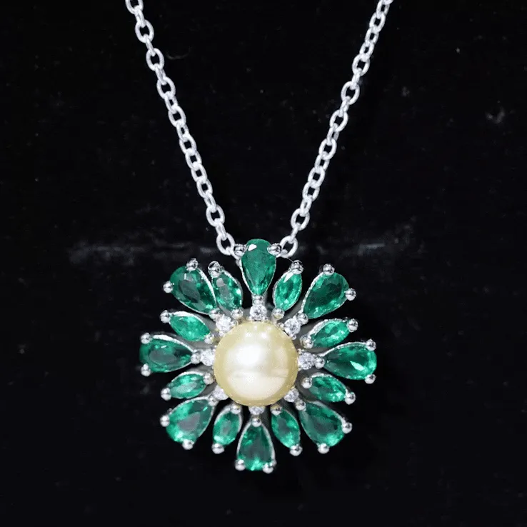 Golden South Sea Pearl Cocktail Pendant Necklace with Emerald