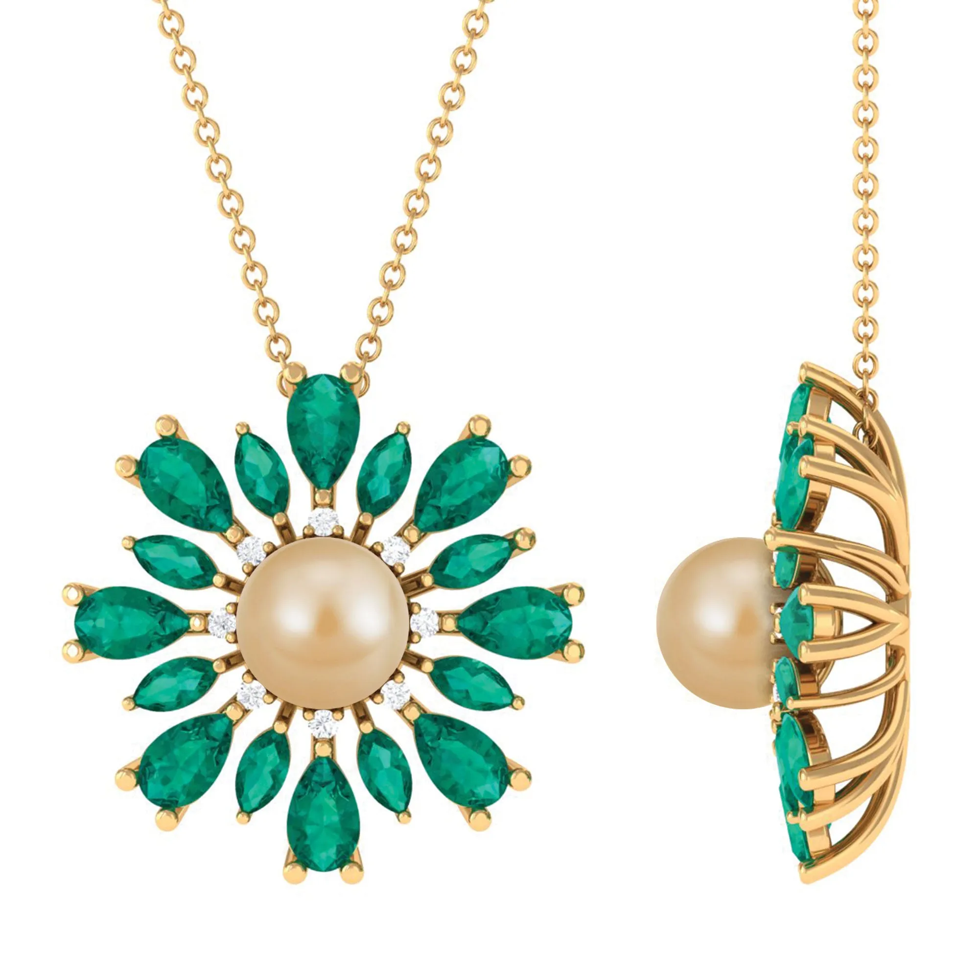 Golden South Sea Pearl Cocktail Pendant Necklace with Emerald
