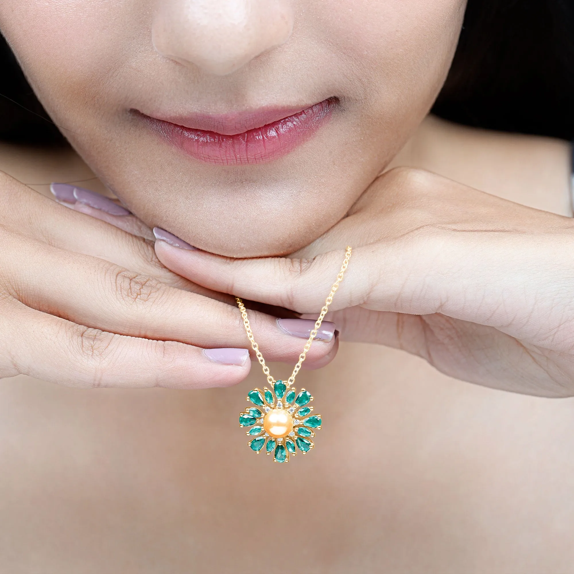 Golden South Sea Pearl Cocktail Pendant Necklace with Emerald