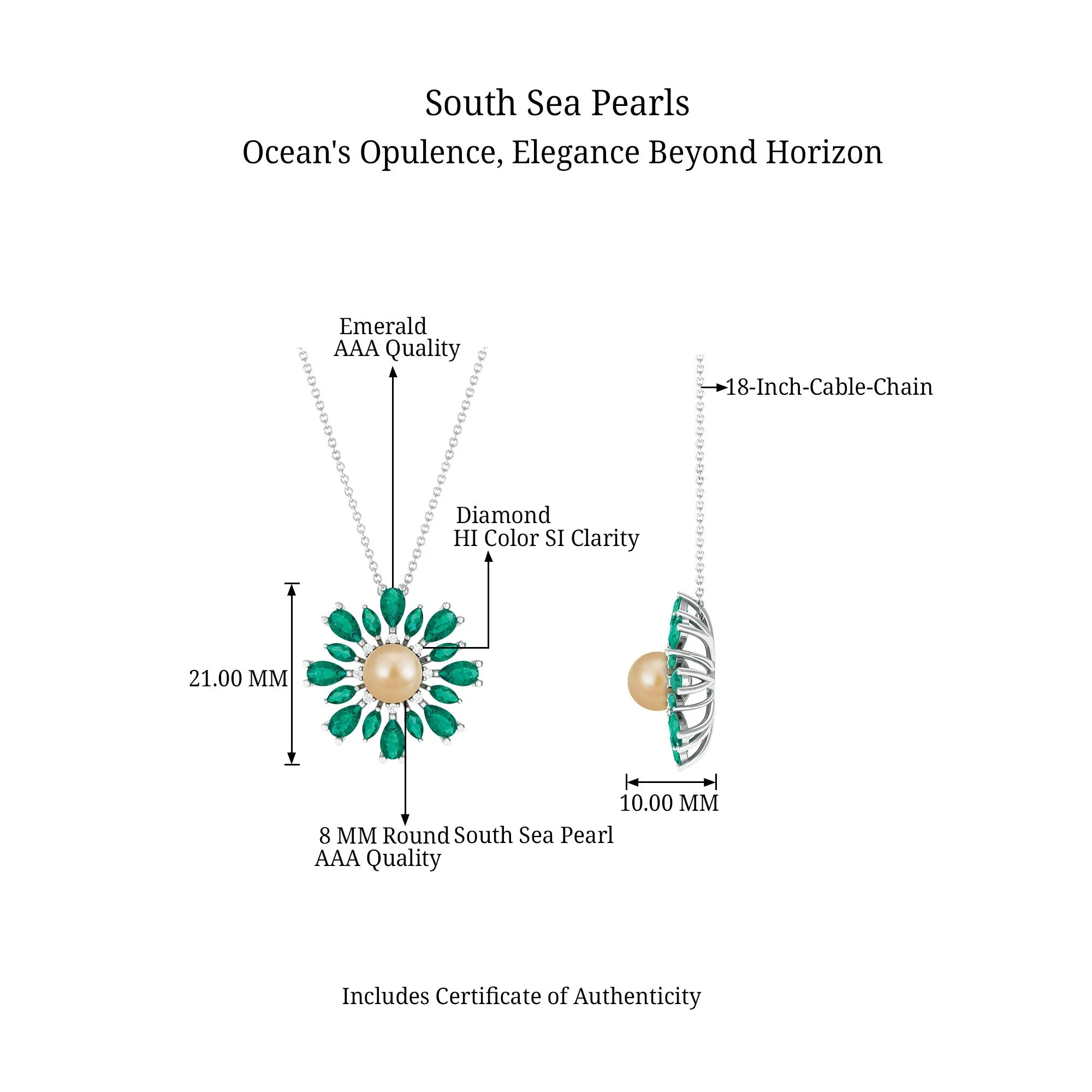 Golden South Sea Pearl Cocktail Pendant Necklace with Emerald