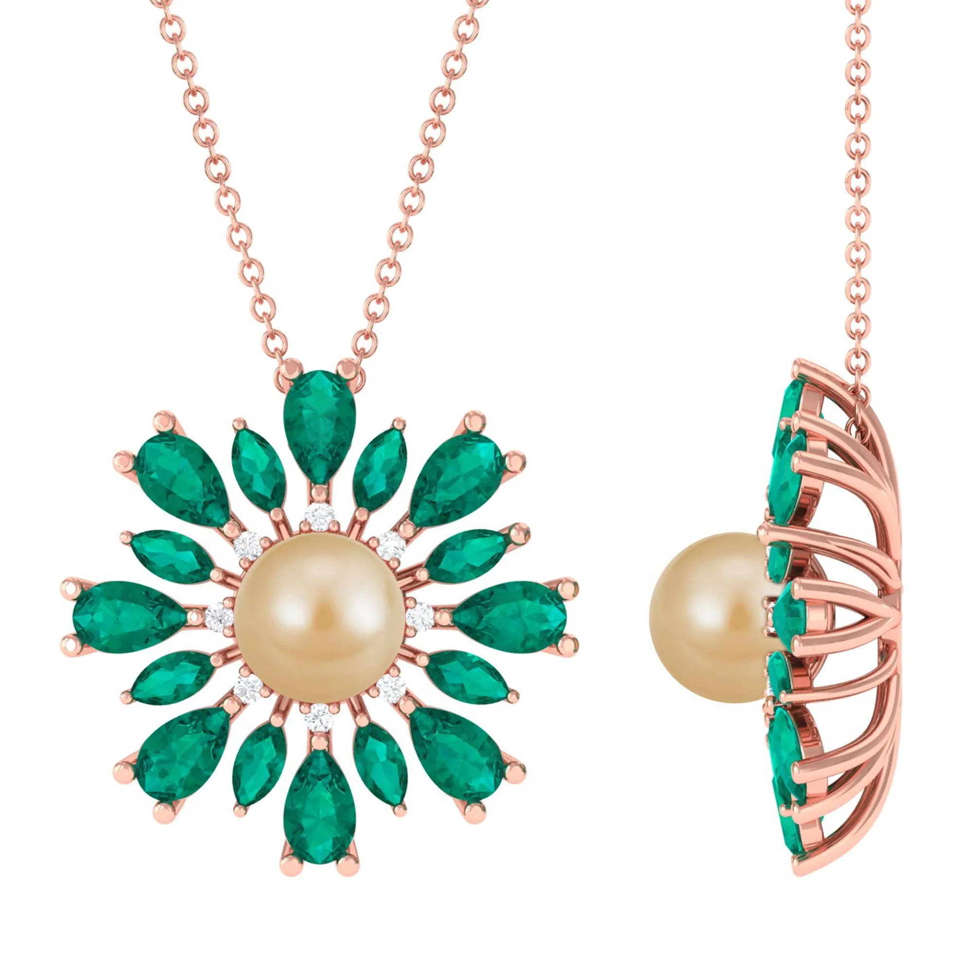 Golden South Sea Pearl Cocktail Pendant Necklace with Emerald