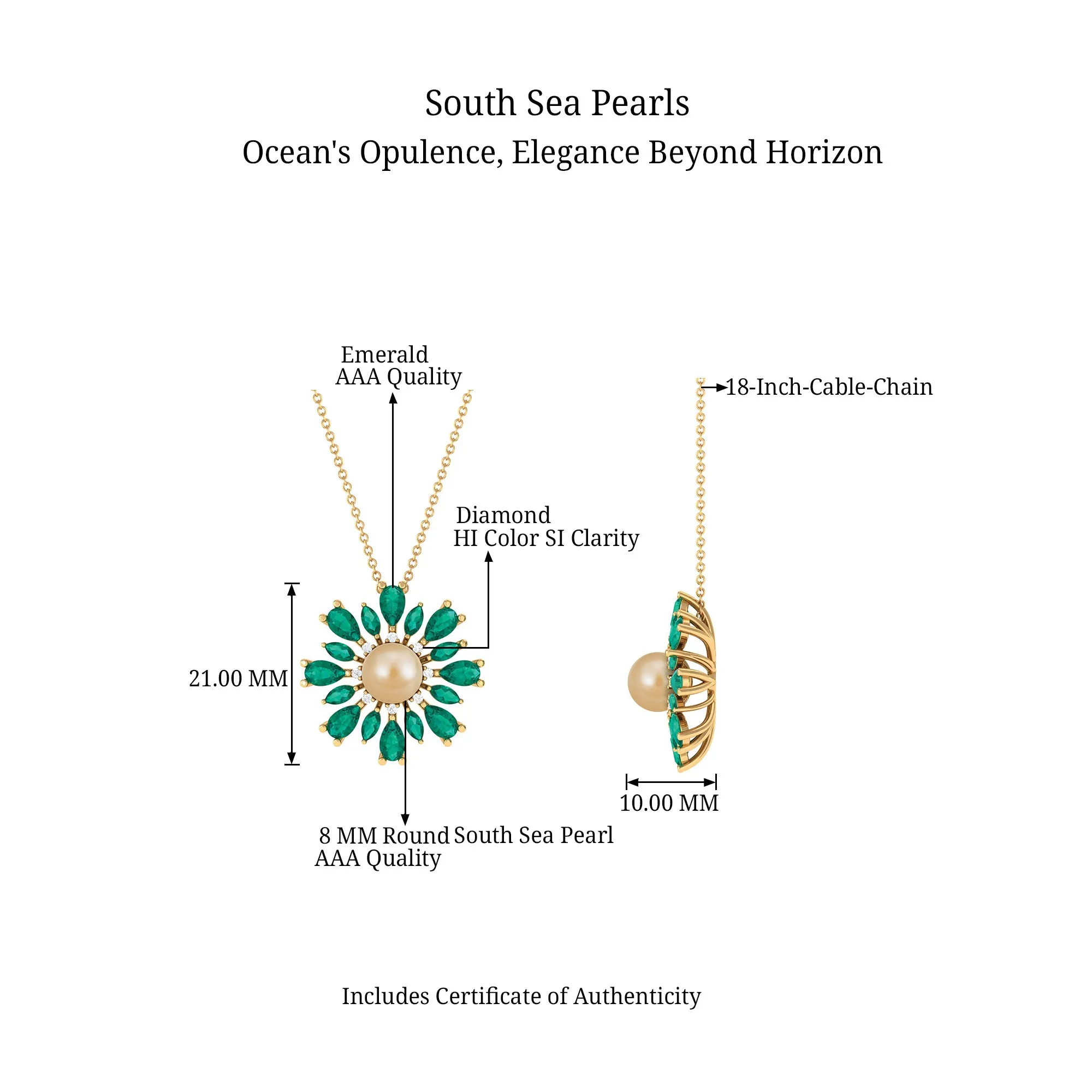 Golden South Sea Pearl Cocktail Pendant Necklace with Emerald