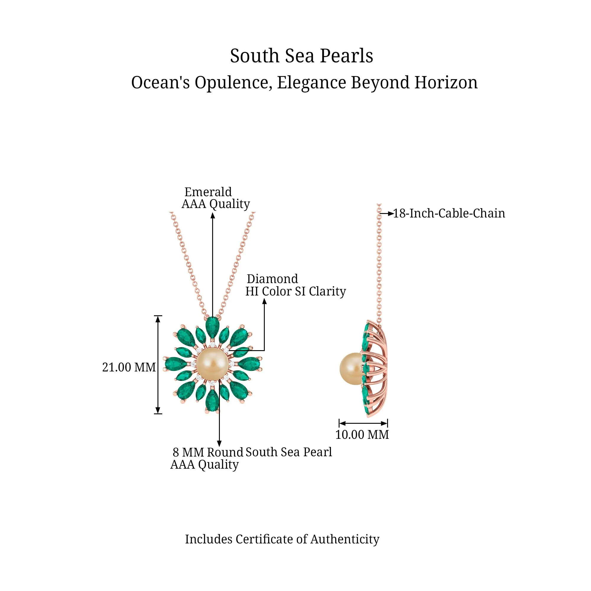 Golden South Sea Pearl Cocktail Pendant Necklace with Emerald